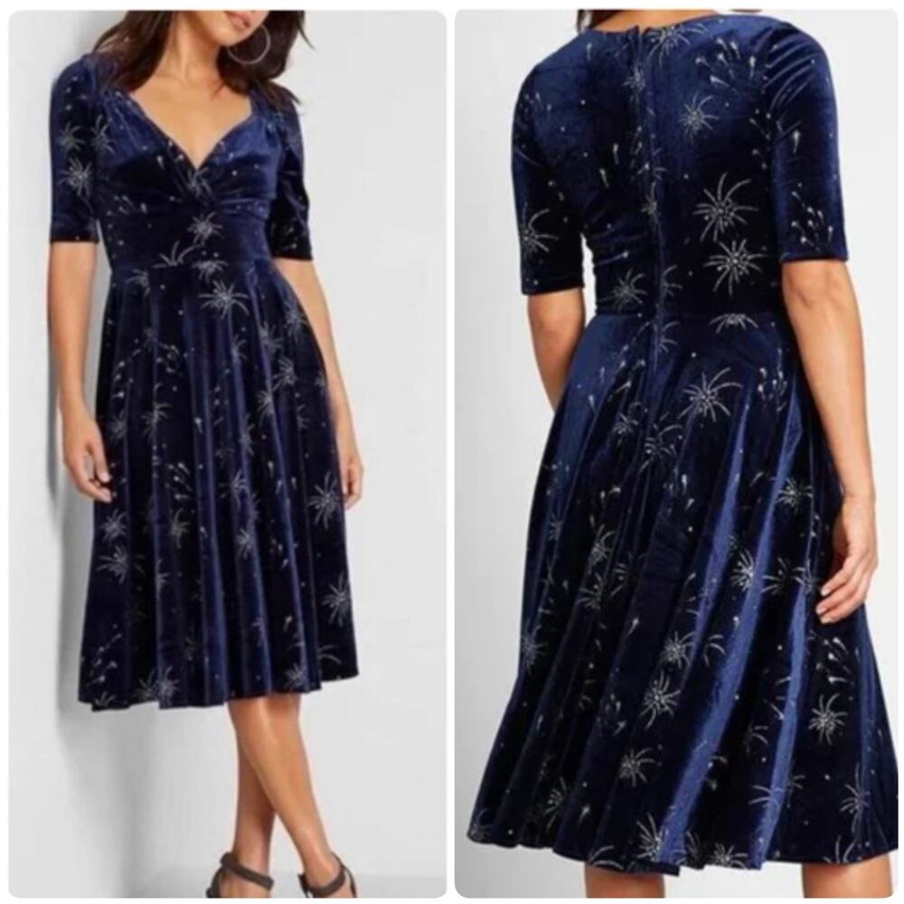 ModCloth x Collectif Vixen Match Fireworks Print Blue Velvet Midi Dress